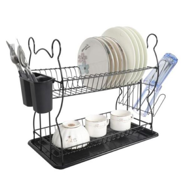 2-Tier Carbon Steel Dish Rack with Drain Tray