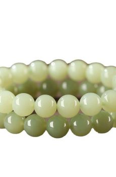 Natural Hetian Jade Ice-clear Blueish-Green Bead Bracelet